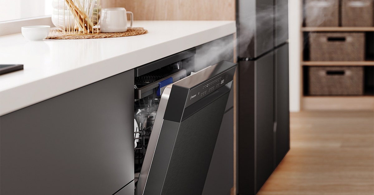 Open dishwasher unloading steam.