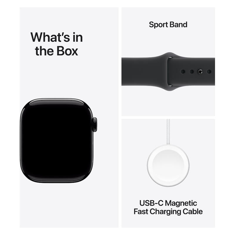 Apple Watch Series 11 (2025) - 42mm, GPS, Bluetooth, Small-Medium Band - Jet Black Aluminium Case with Black Sport Band