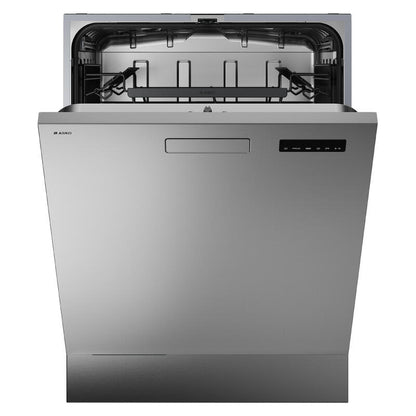 A built-in stainless steel dishwasher with its door open, showing the interior racks and control panel, on a solid white background.