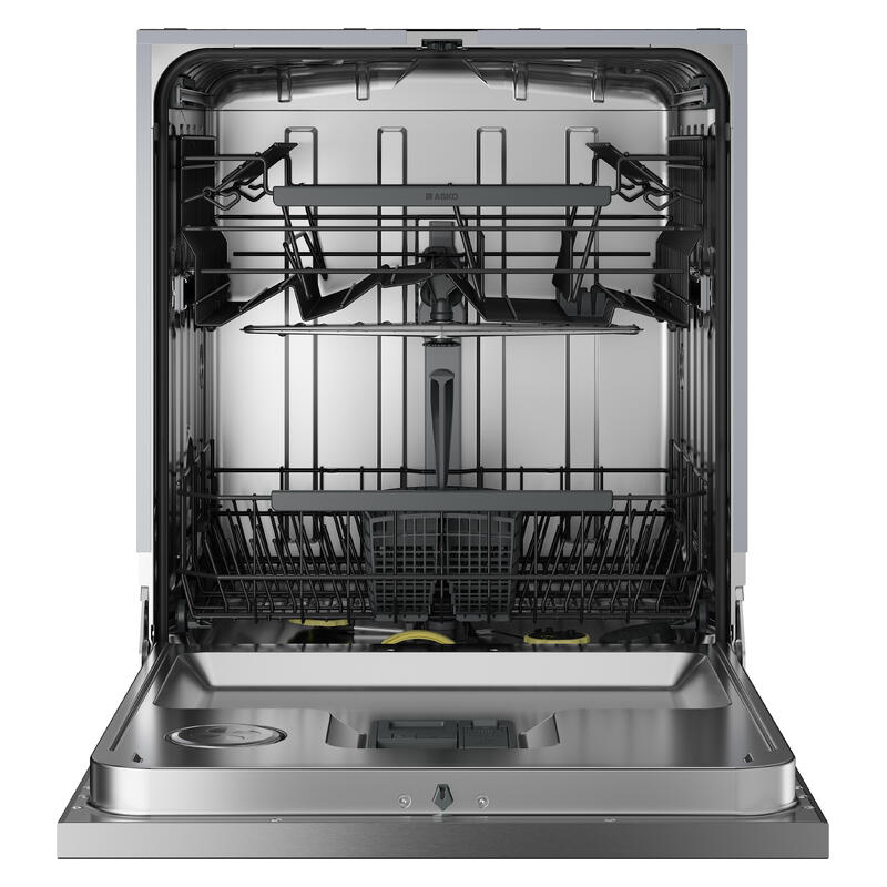 An open stainless steel dishwasher shown from the front, with two black wire racks, spray arms, and interior components visible against a plain white background.