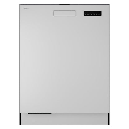 A front-loading dishwasher with a sleek, minimalist stainless steel door, featuring a small black digital control panel on the upper right and a subtle brand logo on the upper left.