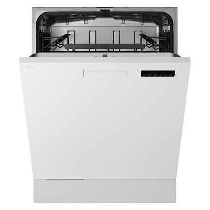 A white built-in dishwasher with its door open, showing the stainless steel interior and racks, on a plain white background.