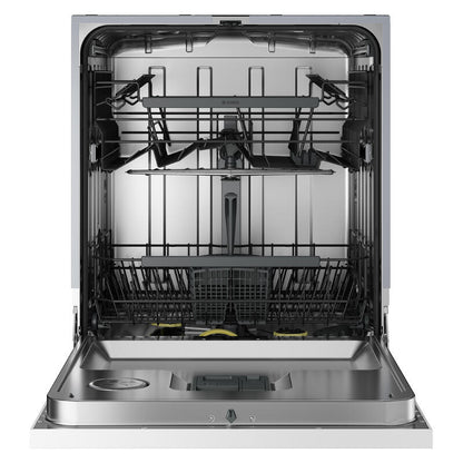 An open stainless steel dishwasher shown from the front, with two black wire dish racks and interior cleaning components visible against a plain white background.