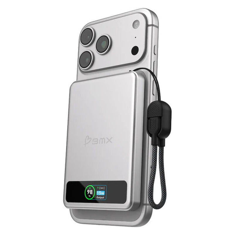 BMX 5,000mAh SolidSafe Magnetic Power Bank - Silver - 20W, Qi2 Wireless with Display
