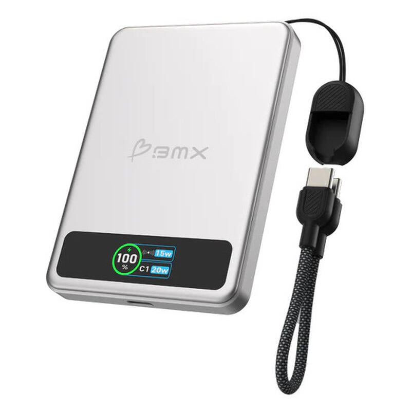 BMX 5,000mAh SolidSafe Magnetic Power Bank - Silver - 20W, Qi2 Wireless with Display