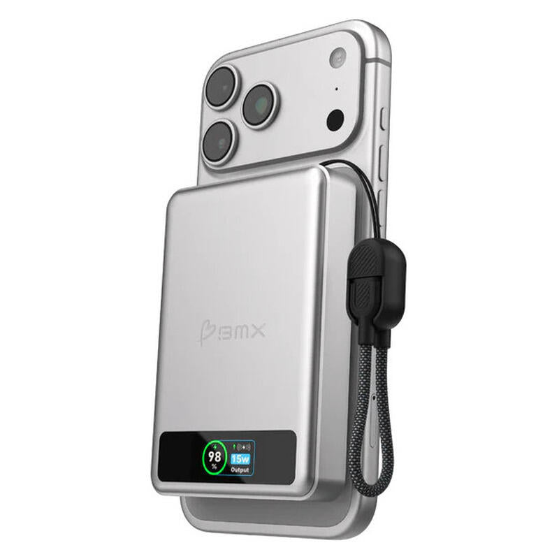 BMX 10,000mAh SolidSafe Magnetic Power Bank - Silver - 30W, Qi2 Wireless with Display