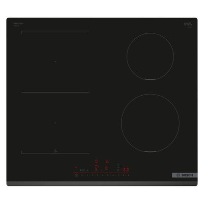 A Bosch built-in induction cooktop with a black glass ceramic surface, featuring two circular heating zones, faint white control line graphics, and a digital control panel with red LED displays at the bottom right.
