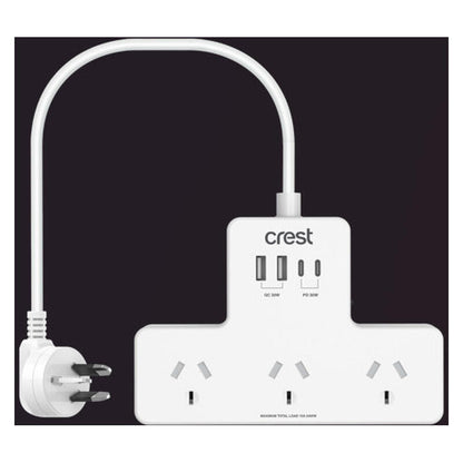 Crest 0.9m 30W Power Hub - 3 Sockets, 2 USB-C, 2 USB-A, Surge Protection