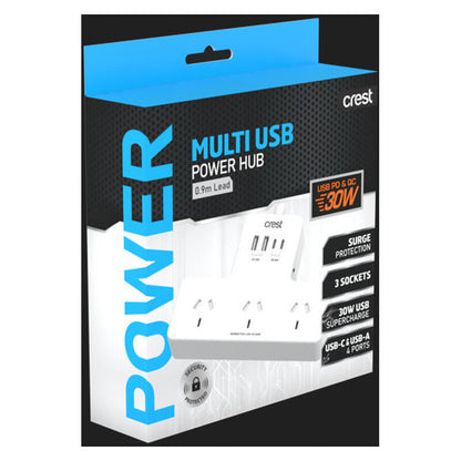 Crest 0.9m 30W Power Hub - 3 Sockets, 2 USB-C, 2 USB-A, Surge Protection
