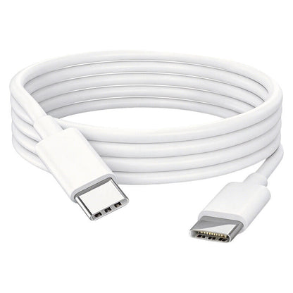 A white USB-C to USB-C charging cable coiled on a plain white background.