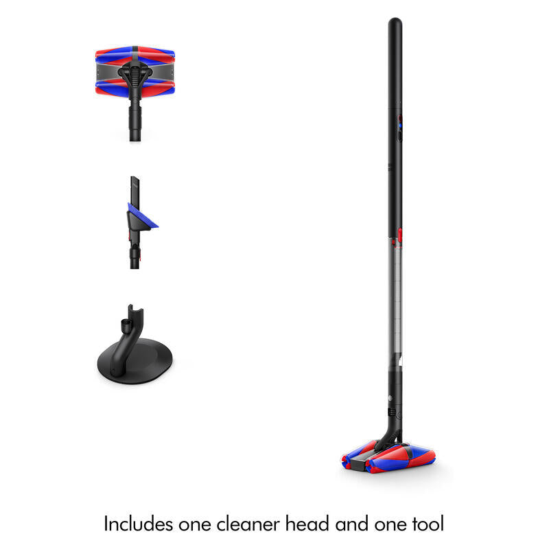 A cordless stick vacuum cleaner shown on a white background with three inset views of included accessories: a flat head, a crevice attachment, and a suction base. Text at the bottom reads 'Includes one cleaner head and one tool'.