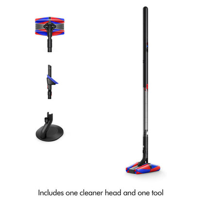 A cordless stick vacuum cleaner shown on a white background with three inset views of included accessories: a flat head, a crevice attachment, and a suction base. Text at the bottom reads 'Includes one cleaner head and one tool'.