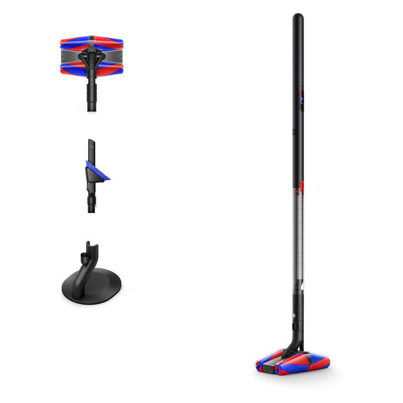 A cordless stick vacuum cleaner with a long black handle, shown alongside three separate accessory components: a red and blue floor head, a narrow attachment nozzle, and a black suction base. The vacuum and accessories are photographed on a clean white background.