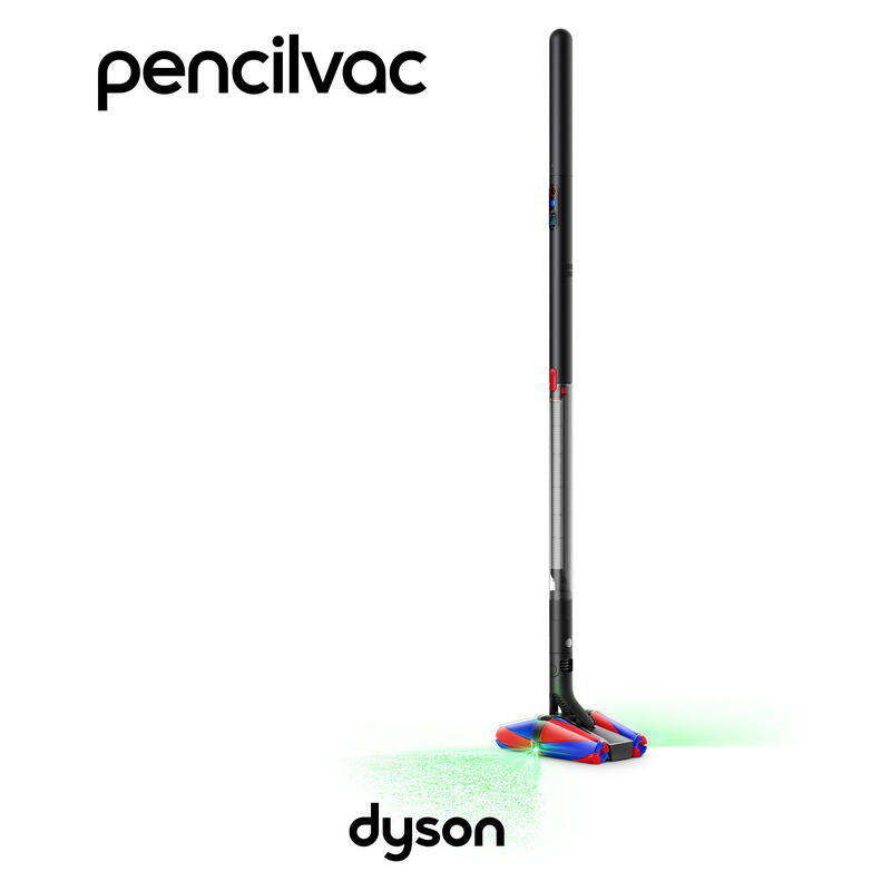 A cordless stick vacuum cleaner shown upright on a white background, with the Pencilvac brand name at the top left and the Dyson logo at the bottom. The vacuum has a black handle and base with small red and blue accents, and a green light is visible near the floor.