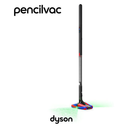 A cordless stick vacuum cleaner shown upright on a white background, with the Pencilvac brand name at the top left and the Dyson logo at the bottom. The vacuum has a black handle and base with small red and blue accents, and a green light is visible near the floor.