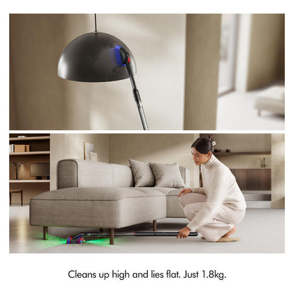 A split-panel lifestyle image showing a cordless floor cleaner in use. The top panel shows the cleaner's head reaching up under a black dome floor lamp.