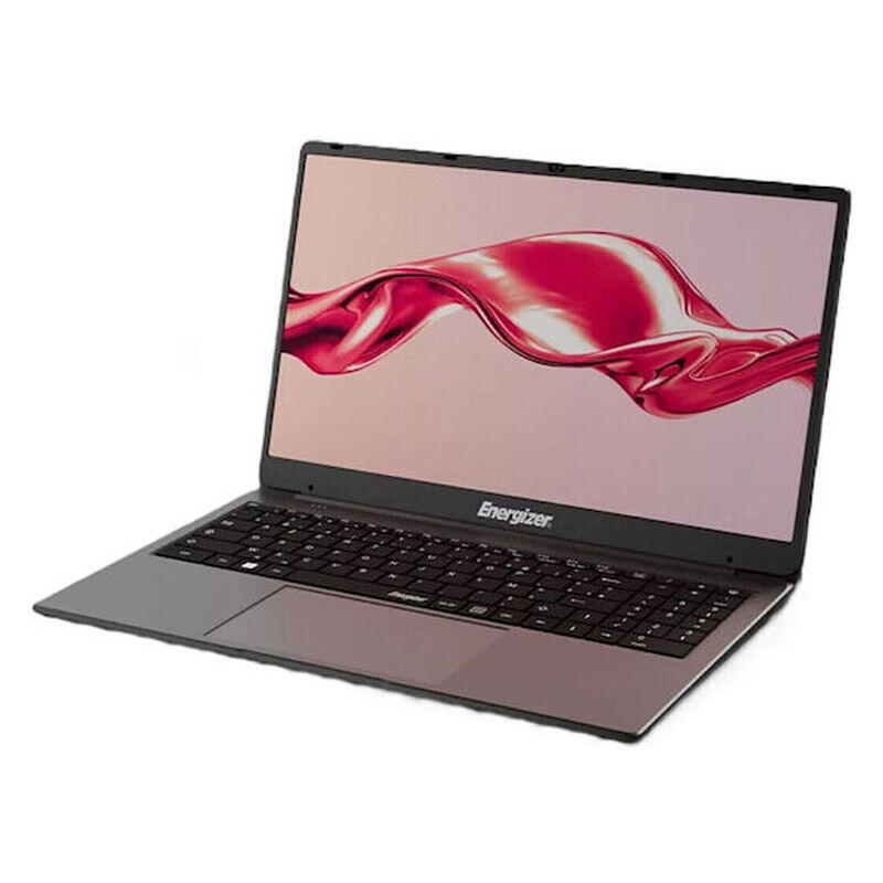 An open Energizer laptop with a dark gray chassis, black keyboard, and a screen displaying a red abstract wave wallpaper, set against a plain white background.