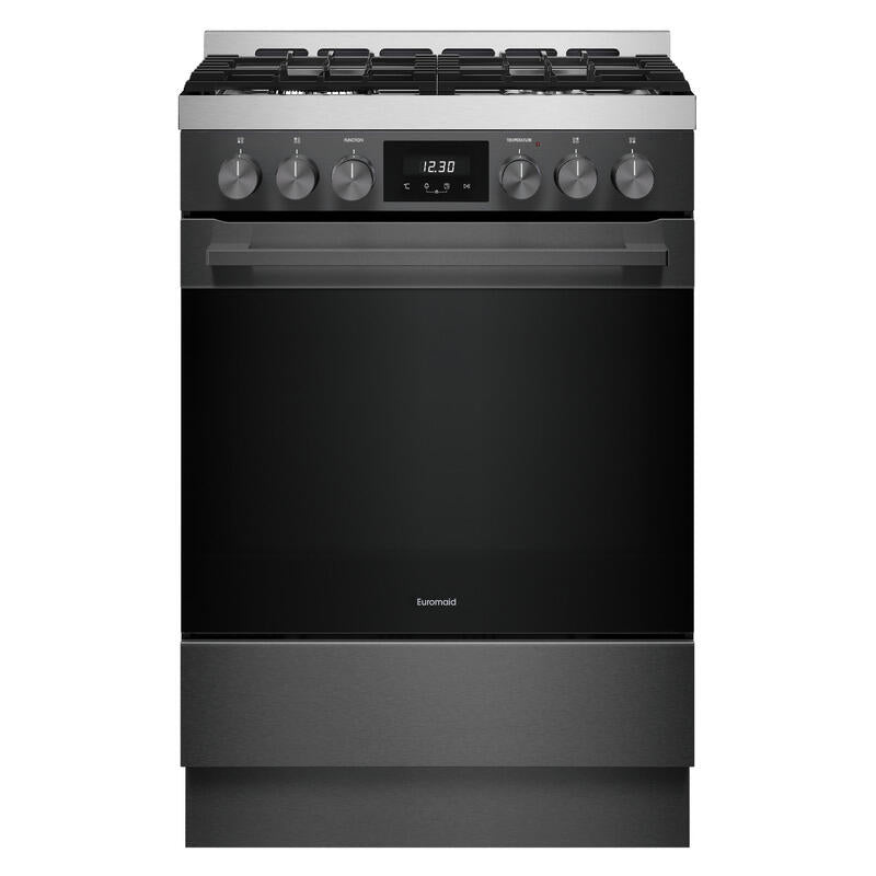 Euromaid 60cm Pyrolytic Dual Fuel Freestanding Cooker with 4-Burner Gas Cooktop - Dark Stainless Steel