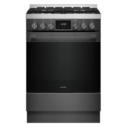 Euromaid 60cm Pyrolytic Dual Fuel Freestanding Cooker with 4-Burner Gas Cooktop - Dark Stainless Steel