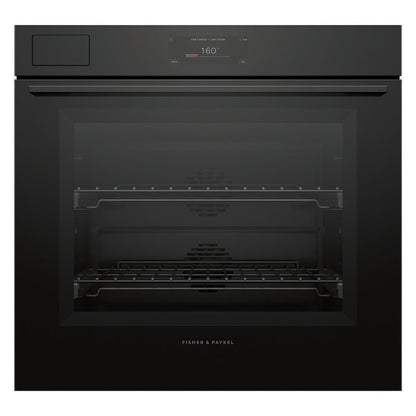 A black built-in wall oven with a glass door, interior racks, and a digital control display on the top panel. The brand name Fisher & Paykel is visible at the bottom center.