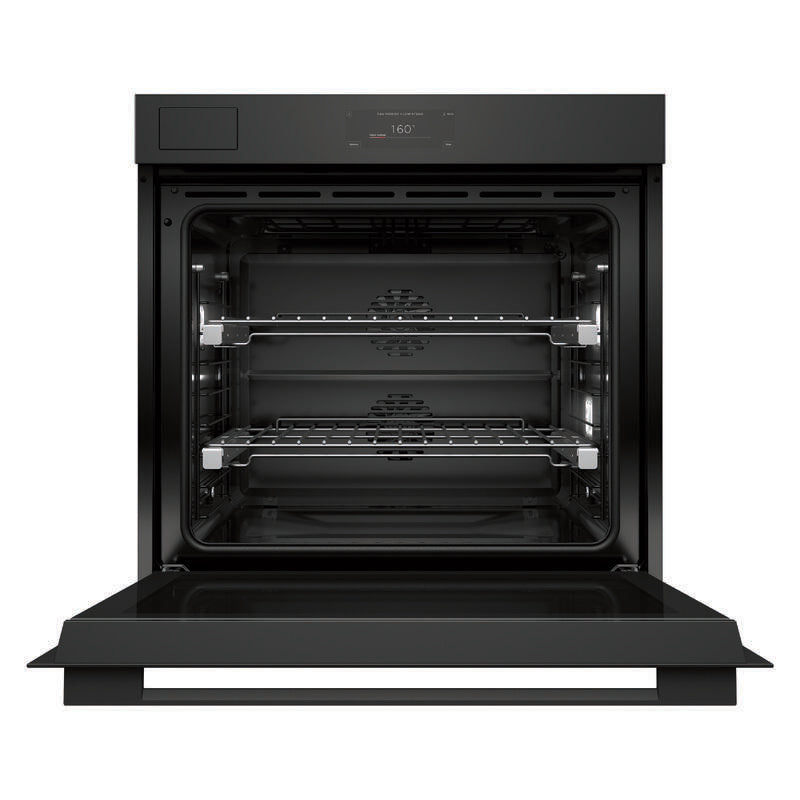 A black built-in wall oven with its door open, showing two interior racks and a digital control panel at the top, set against a plain white background.
