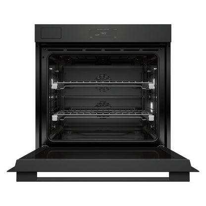 A black built-in wall oven with its door open, showing two interior racks and a digital control panel at the top, set against a plain white background.