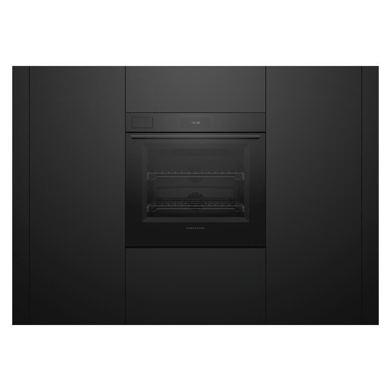 A sleek, black built-in wall oven with a glass door and interior rack, set into matching black kitchen cabinetry.