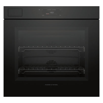 A black built-in wall oven with a glass door, interior racks, and a digital control panel at the top. The brand name Fisher & Paykel is visible at the bottom center.