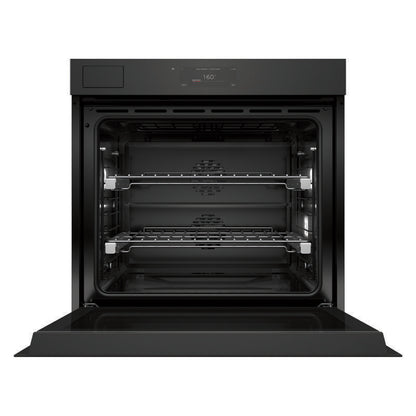 A black built-in wall oven with its door open, showing two interior racks and a digital control display at the top, set against a plain white background.