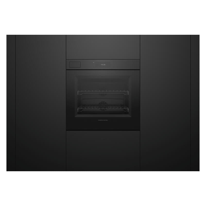 A sleek, black built-in wall oven integrated into matching black kitchen cabinetry, shown from a front-facing perspective against a white background.
