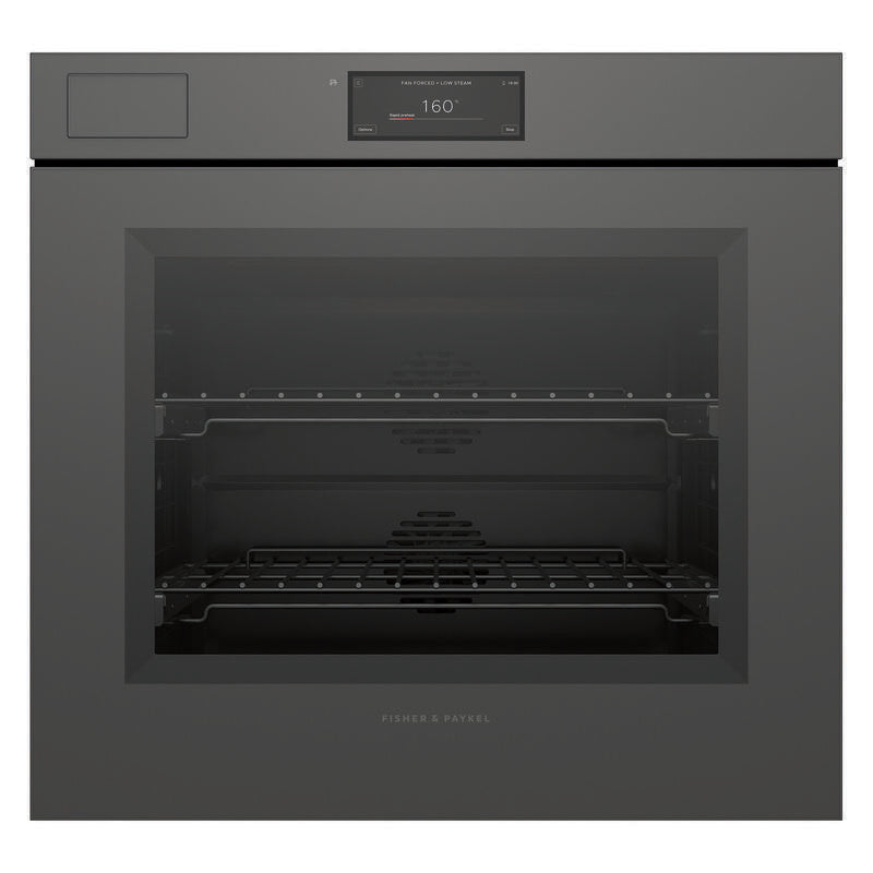 A built-in wall oven with a dark charcoal gray exterior and a glass door, showing interior racks and a digital control display at the top. The brand name 'FISHER & PAYKEL' is visible near the bottom center.