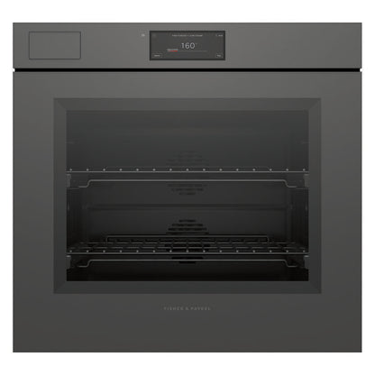 A built-in wall oven with a dark charcoal gray exterior and a glass door, showing interior racks and a digital control display at the top. The brand name 'FISHER & PAYKEL' is visible near the bottom center.