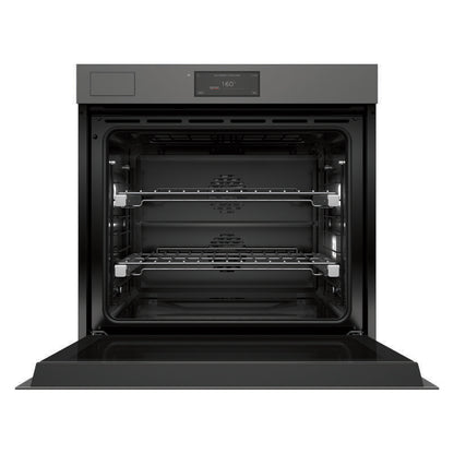 A built-in wall oven with its door open, showing three interior racks and a digital control display on the top panel, set against a plain white background.