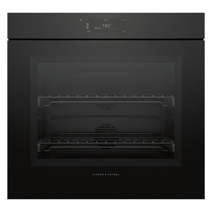A black built-in single oven with a glass door, interior racks, and a digital control display at the top. The Fisher & Paykel brand name is visible at the bottom center.
