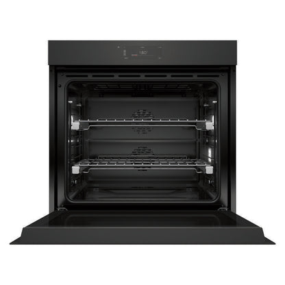 A black built-in wall oven with its door open, showing two interior racks and a digital control panel on the top console, set against a plain white background.