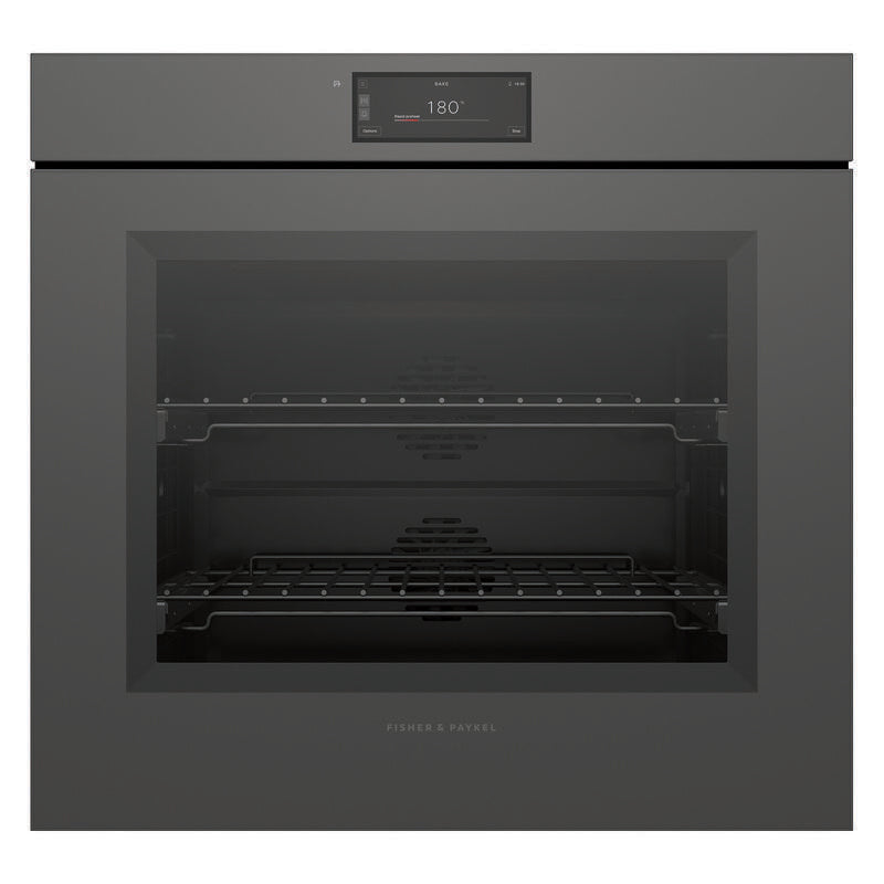 A dark gray built-in wall oven with a digital display showing 180 degrees, set against a plain white background.