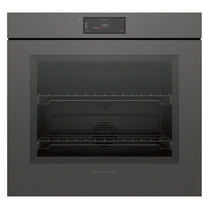 A dark gray built-in wall oven with a digital display showing 180 degrees, set against a plain white background.