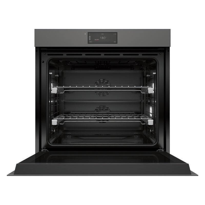 A black built-in wall oven with its door open, showing two interior racks and a digital control display on the top panel, set against a plain white background.