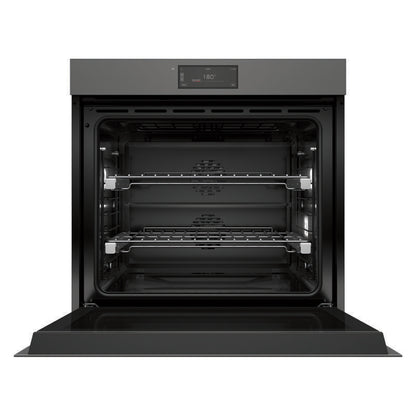 A black built-in wall oven with its door open, showing two interior racks and a digital control display on the top panel, set against a plain white background.