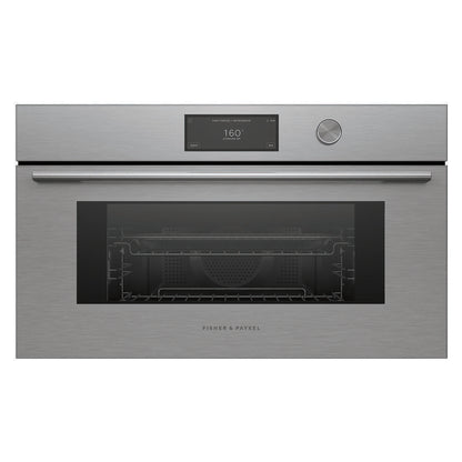 Fisher & Paykel built-in oven with a brushed stainless steel exterior, a black glass door window, a digital control display, and a round control knob on the top panel.