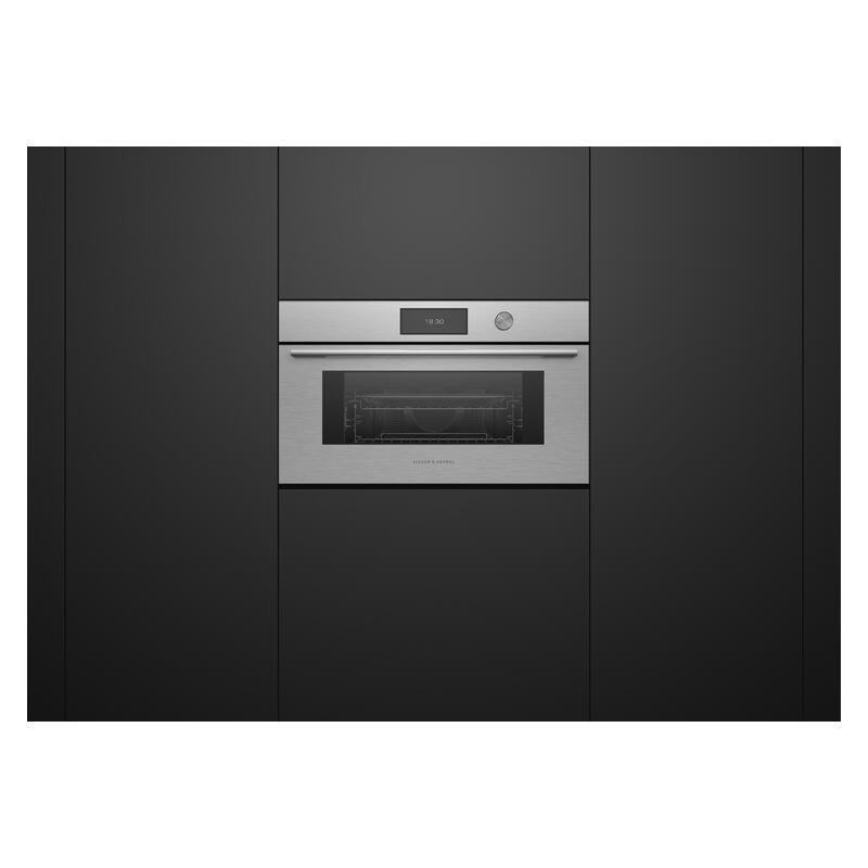 A built-in stainless steel oven with a digital control panel and glass door, set into a modern black kitchen cabinet.