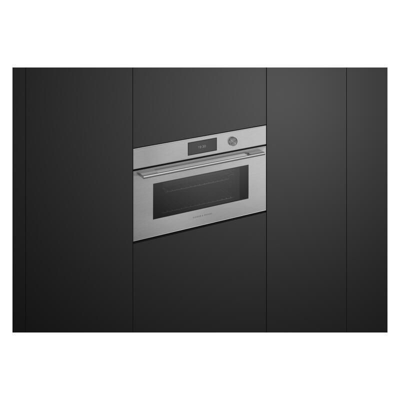 A built-in stainless steel oven or wall oven shown installed in dark charcoal kitchen cabinetry, with a digital display and control knob on the upper front.