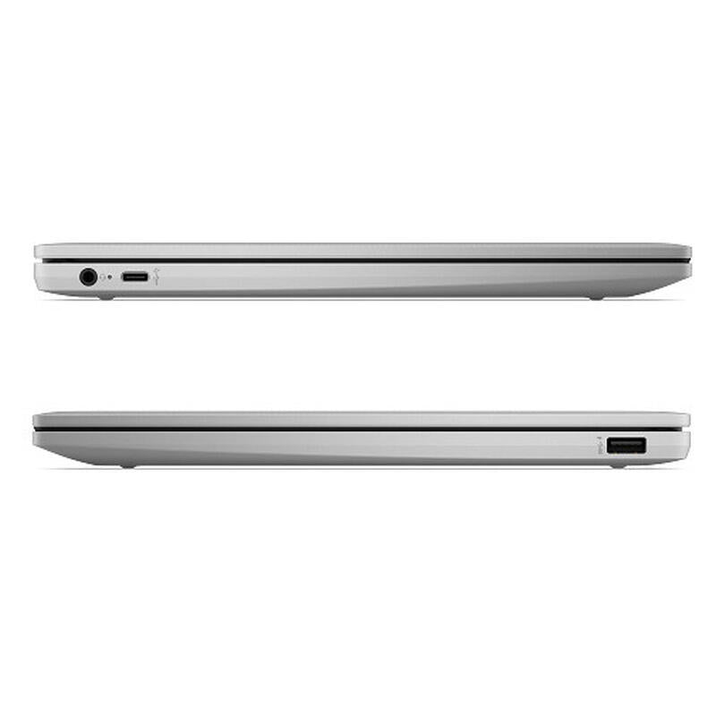 Two views of a silver laptop on a white background showing all available access ports
