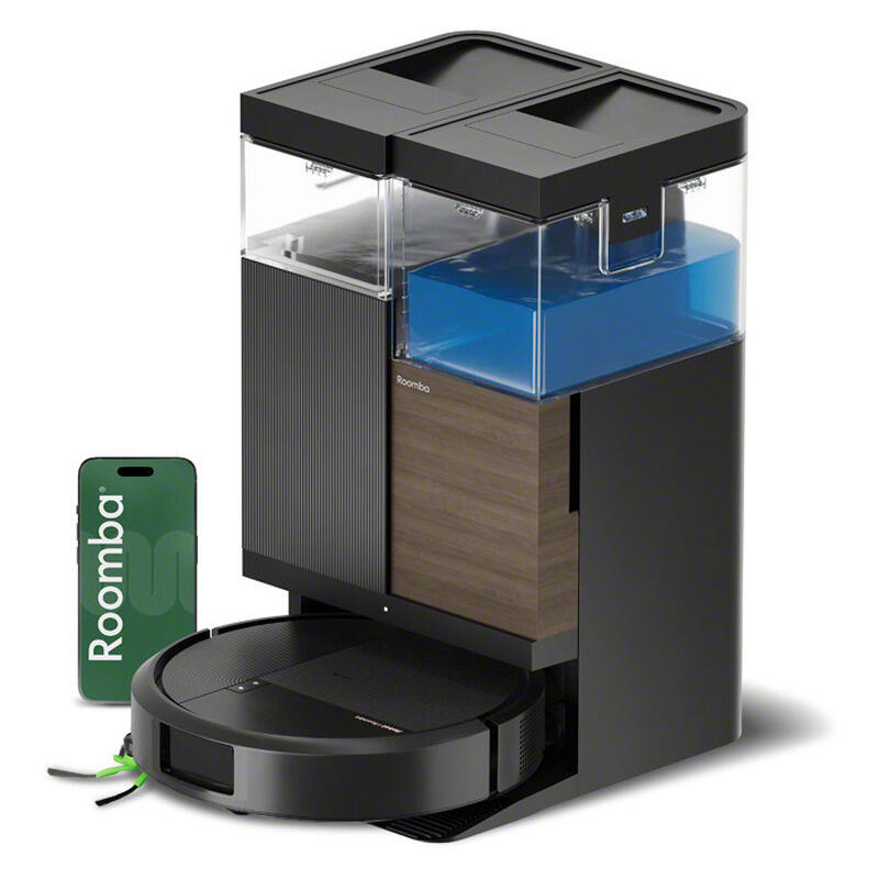 A black Roomba robotic vacuum station with a transparent water tank filled with blue liquid, shown alongside a green Roomba-branded phone case on a white background. Phone is not included.