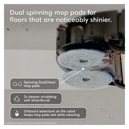 A promotional graphic for a robot mop showing two spinning mop pads close up, with marketing text reading 'Dual spinning mop pads for floors that are noticeably shinier.' and feature callouts about Spinning DualClean mop pads, deeper scrubbing with SmartScrub, and an onboard watertank.