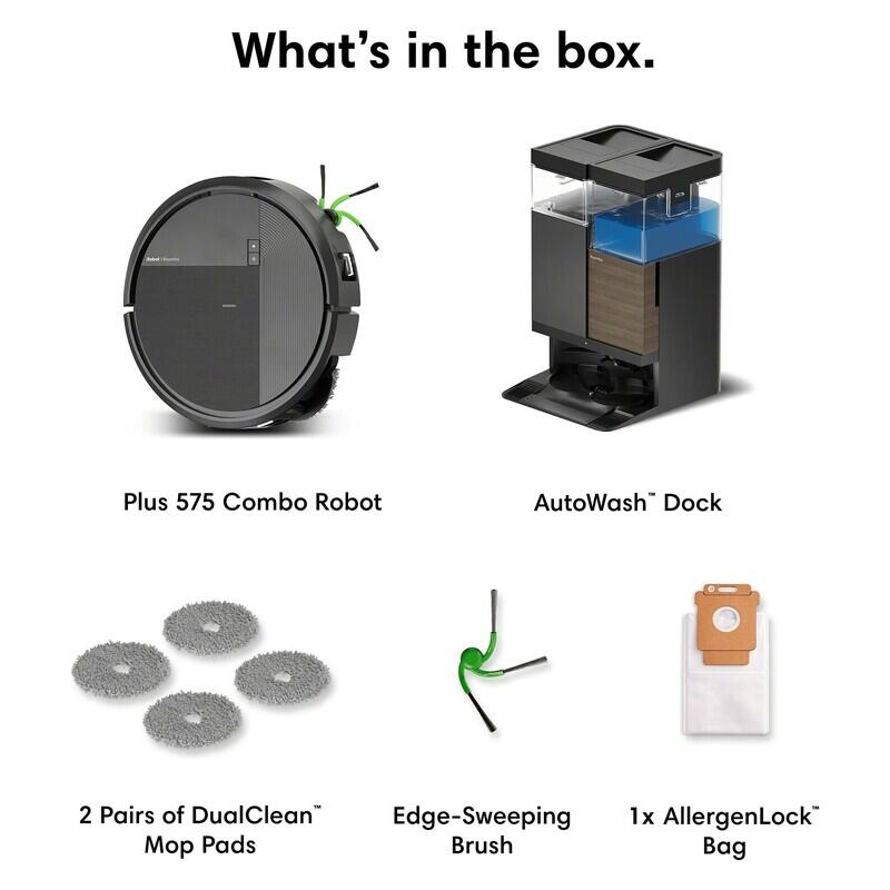 Box contents graphic showing a robot vacuum and its accessories on a white background, with text labels: Plus 575 Combo Robot, AutoWash Dock, 2 Pairs of DualClean Mop Pads, Edge-Sweeping Brush, and 1x AllergenLock Bag.