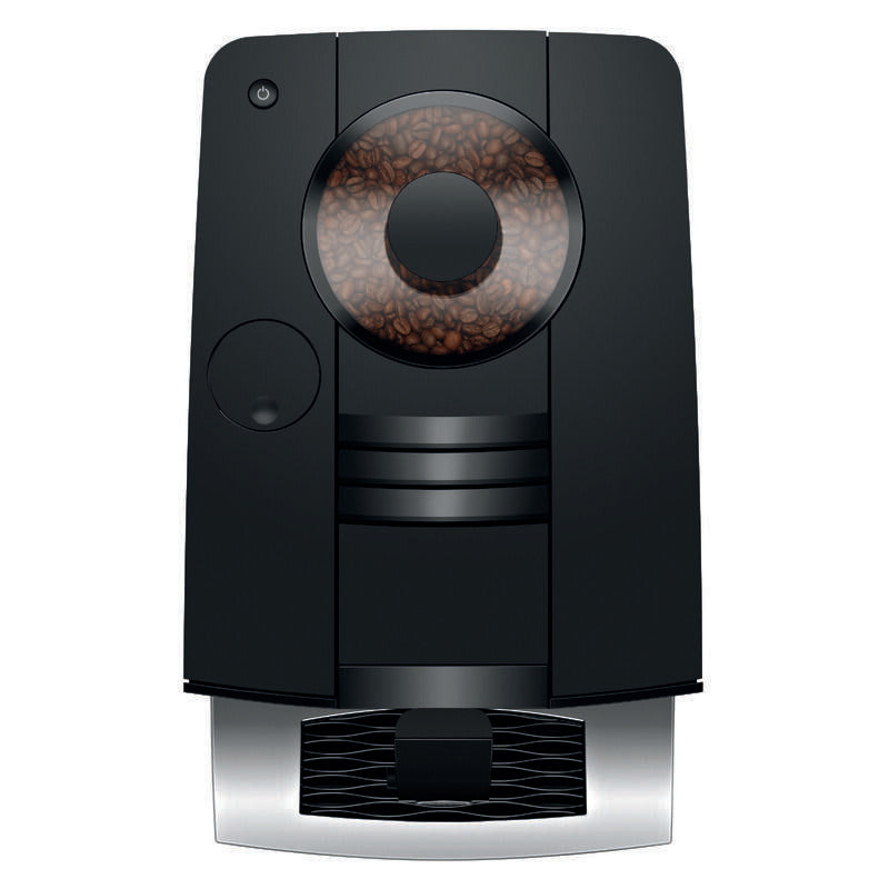 A sleek black coffee machine with a transparent bean hopper filled with coffee beans, set against a solid white background.