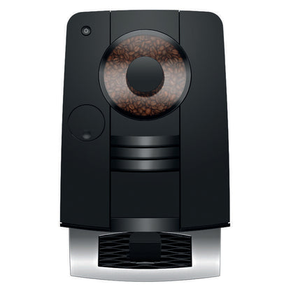 A sleek black coffee machine with a transparent bean hopper filled with coffee beans, set against a solid white background.