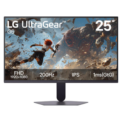 An LG UltraGear G5 25-inch monitor shown from a front-facing angle on a white background. The screen displays a game scene with a character and a creature, along with text overlays indicating 'LG UltraGear G5', '25"', 'FHD 1920x1080', '200Hz', 'IPS', and '1ms(GtG)'.