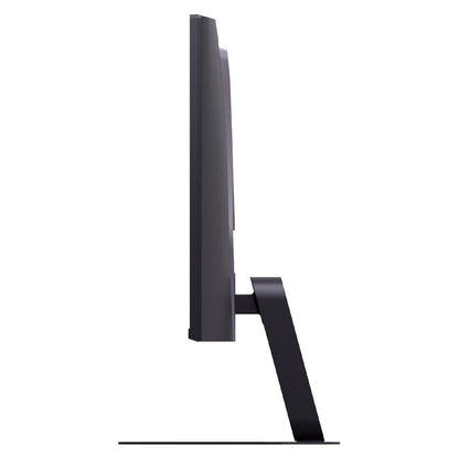 Side profile view of a slim black computer monitor with a minimalist angled stand on a plain white background.